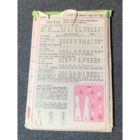 Simplicity 9234 Pattern Juniors Teens Dress in Two Lengths - uncut - Picture 2 of 2